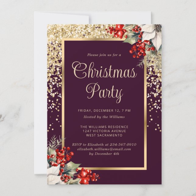 Elegant Purple Gold Botanical Christmas Party Invitation (Front)
