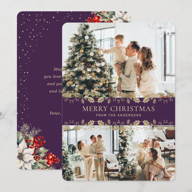 Elegant Purple Gold Botanical Photo Christmas Card (Front/Back)