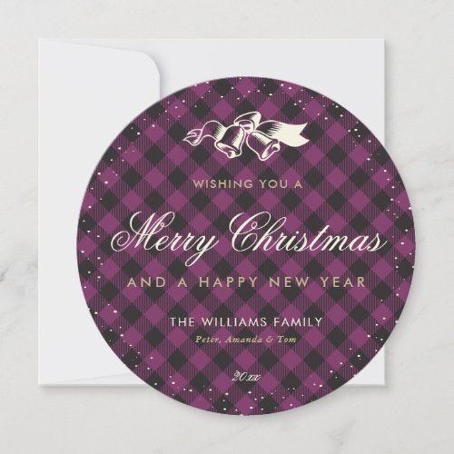 Elegant Purple Gold Buffalo Plaid Merry Christmas Holiday Card