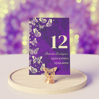 Elegant Purple Gold Butterfly Quinceañera Seating Table Number