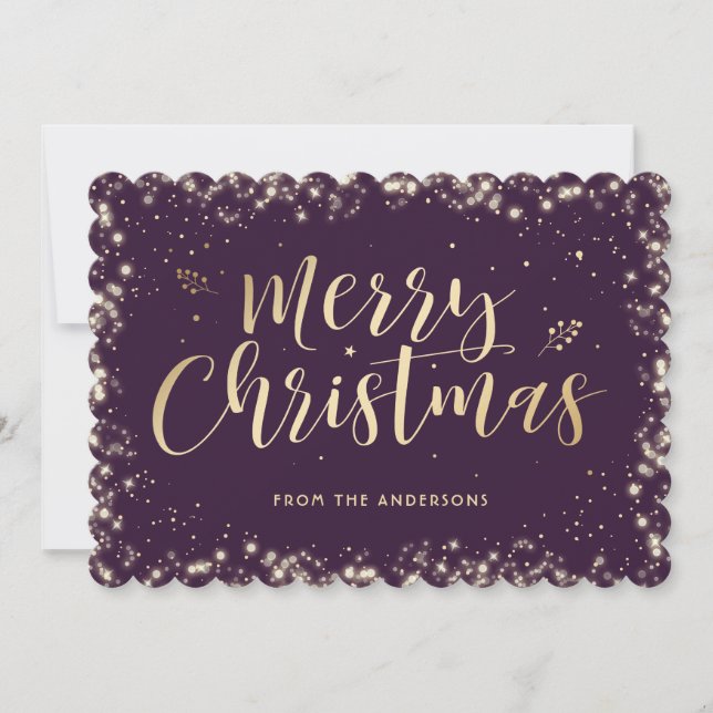 Elegant Purple Gold Calligraphy Merry Christmas Holiday Card (Front)