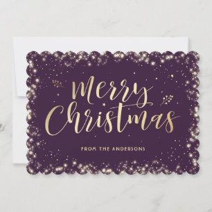 Elegant Purple Gold Calligraphy Merry Christmas Holiday Card