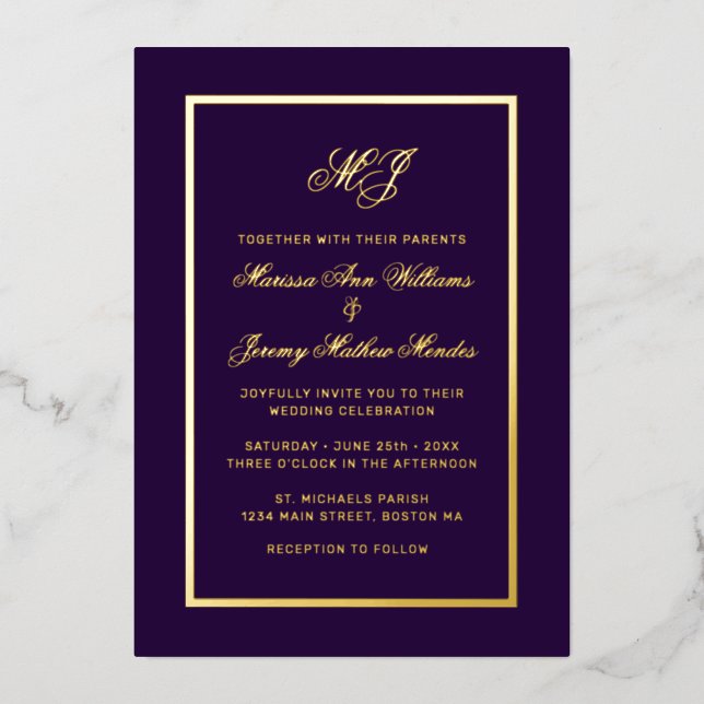 Elegant Purple Gold Calligraphy Script Wedding Foil Invitation (Front)