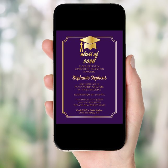 Elegant Purple | Gold Cap College Graduation Party Invitation (Front Digital)