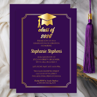 Elegant Purple | Gold Cap College Graduation Party Invitation
