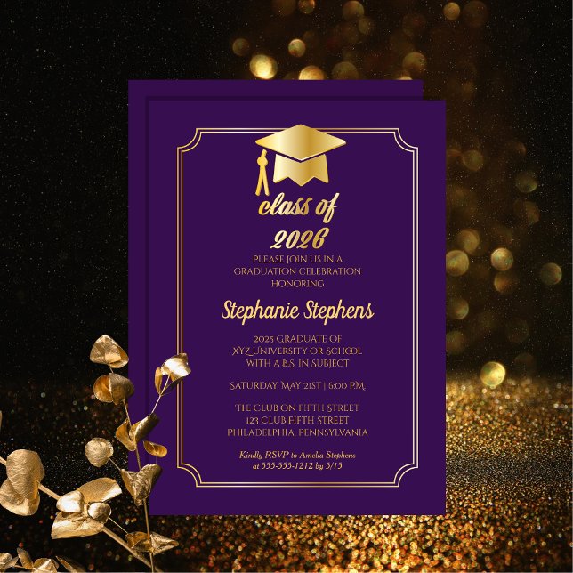 Elegant Purple | Gold Cap College Graduation Party Invitation (Elegant Purple and Gold Tone Graduation Cap "Class of 2026" College Graduation Party Invitation)
