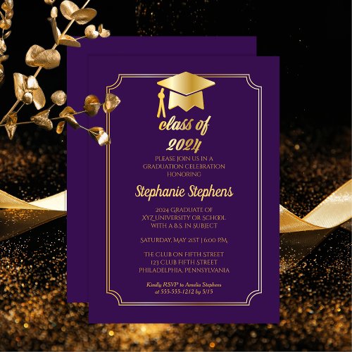 Elegant Purple  Gold Cap College Graduation Party Invitation