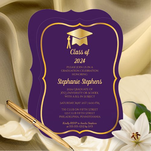 Elegant Purple  Gold Cap Graduation Party Invitation
