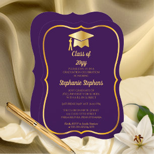 Elegant Purple   Gold Cap Graduation Party Invitation