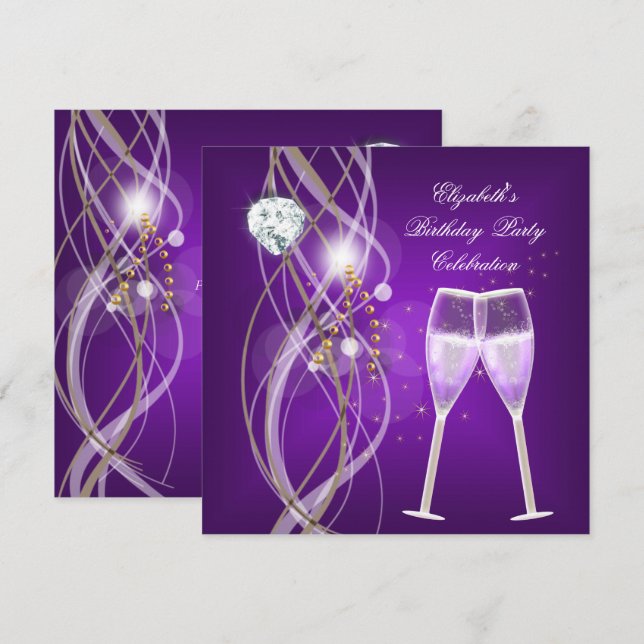 Elegant Purple Gold Champagne Diamond Party Invitation (Front/Back)