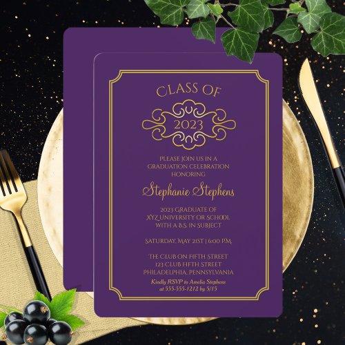 Elegant Purple  Gold College Graduation Party Invitation