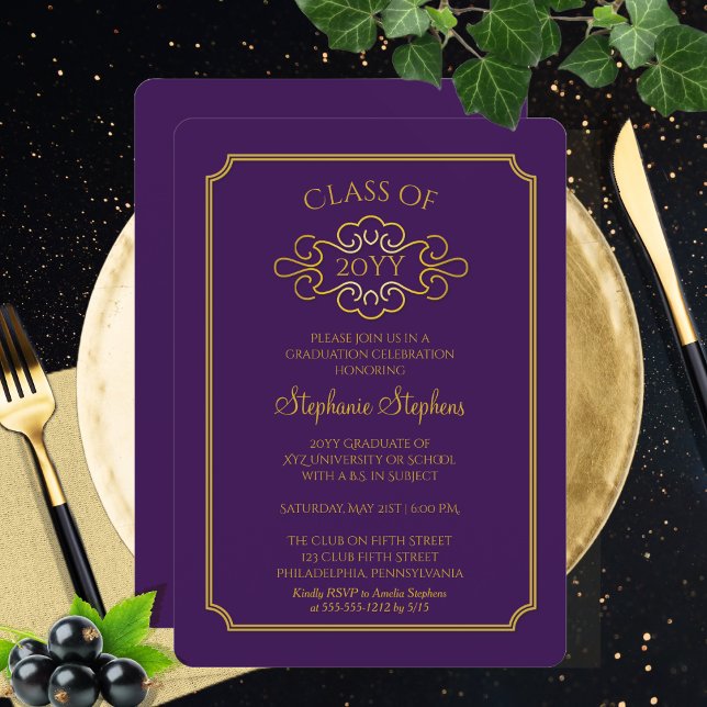 Elegant Purple | Gold College Graduation Party Invitation (Elegant Purple | Gold Tone College University Graduation Announcement Party Invitation Print Digital)
