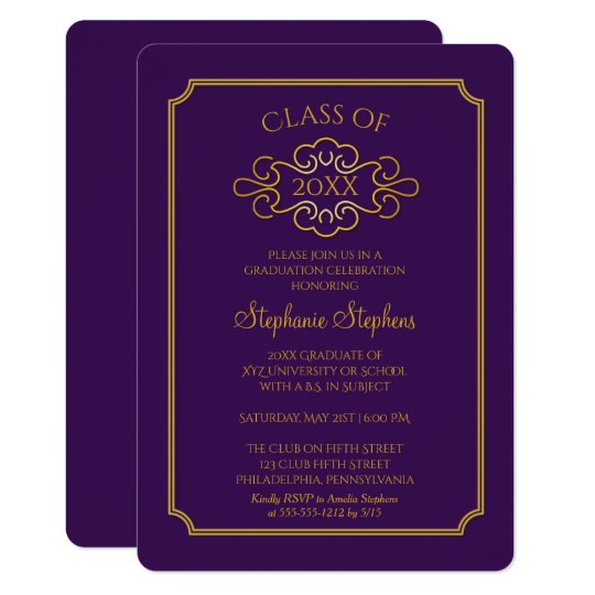 elegant purple gold college graduation party invitation zazzle com