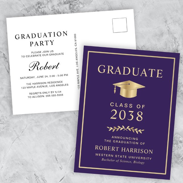 Elegant Purple Gold College Graduation Party Invitation Postcard (An elegant college graduation party invitation postcard to celebrate the graduate's achievements)