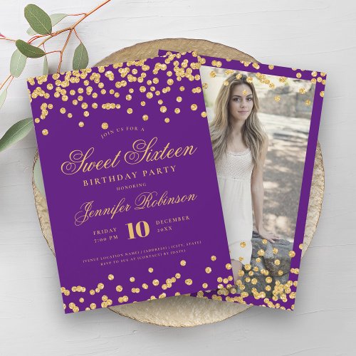 Elegant Purple Gold Confetti Photo Sweet 16   Invitation