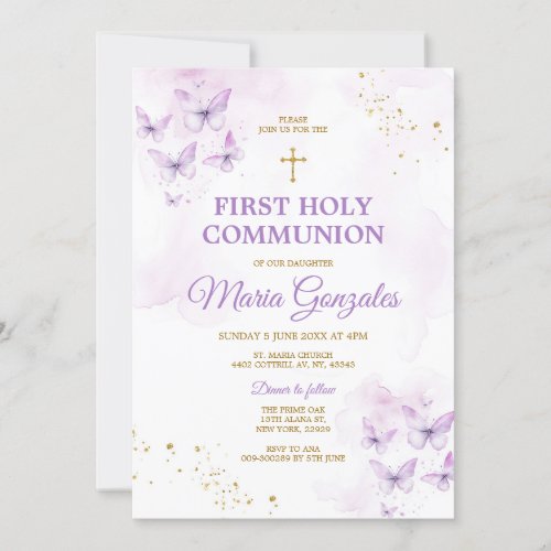 Elegant Purple  Gold Cross First Holy Communion Invitation