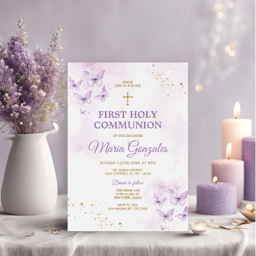 Elegant Purple  Gold Cross First Holy Communion Invitation