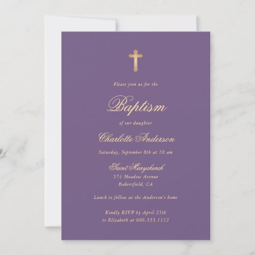 Elegant Purple Gold Cross Script Girl Baptism Invitation