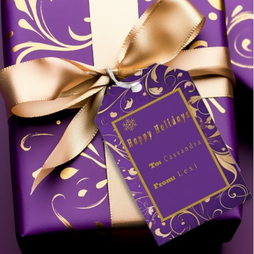 Elegant Purple  Gold Damask Happy Holidays  Gift Tags