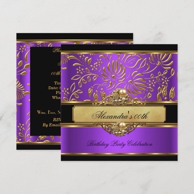 Elegant Purple Gold Damask Pearl Party Invitation (Front/Back)
