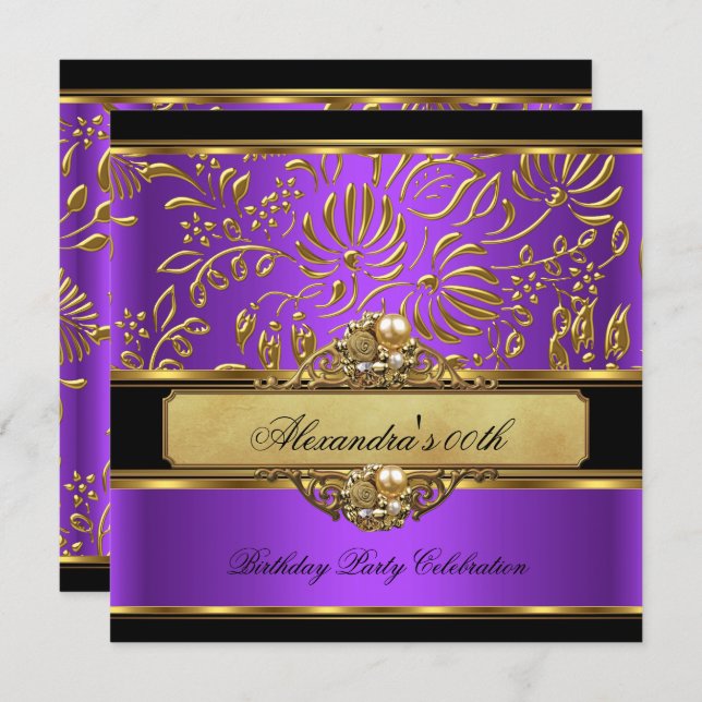 Elegant Purple Gold Damask Pearl Party Invitation (Front/Back)