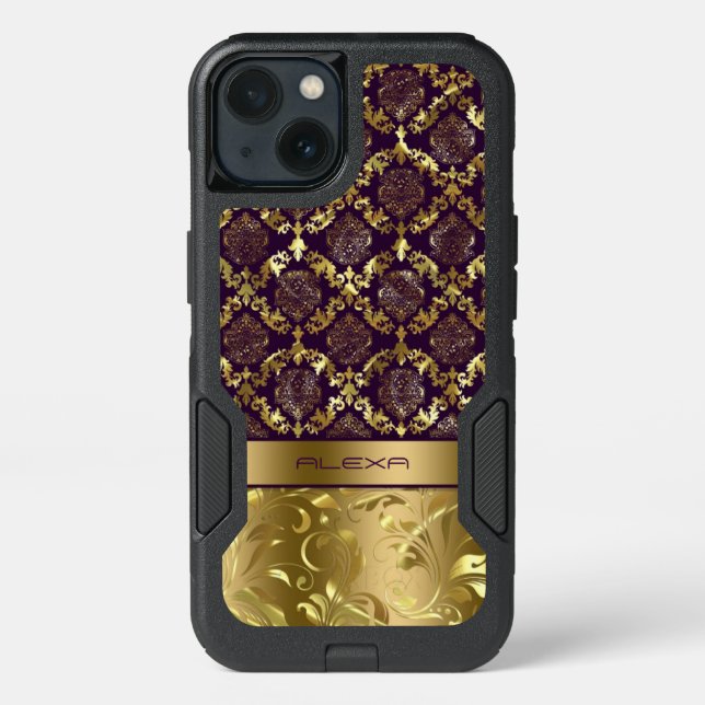 Elegant Purple & Gold Damasks Metallic Texture Otterbox iPhone Case (Back)