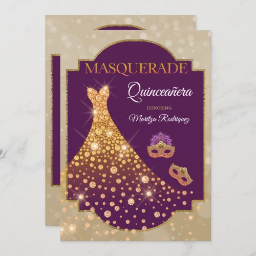 Elegant Purple Gold Diamond Quinceaera Masquerade Invitation
