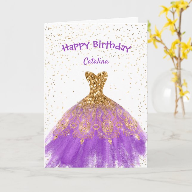 Elegant Purple Gold Dress Birthday Card (Yellow Flower)