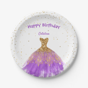 Elegant Purple Gold Dress Birthday Paper Plates