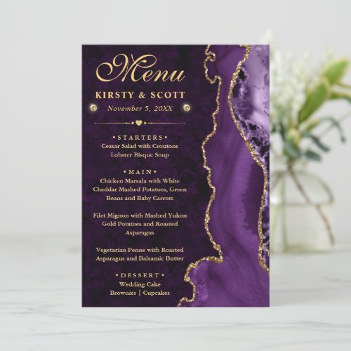 Elegant Purple  Gold Faux Glitter Agate Wedding Menu