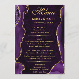 Elegant Purple & Gold Faux Glitter Agate Wedding Menu