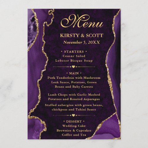 Elegant Purple  Gold Faux Glitter Agate Wedding Menu