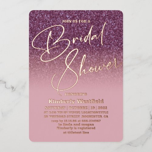 Elegant Purple gold Faux Glitter Bridal Shower  Foil Invitation