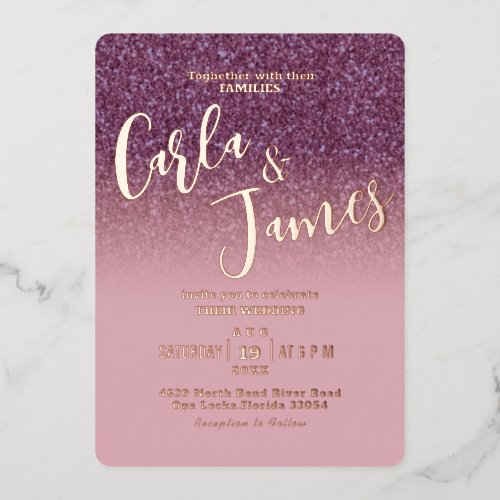 Elegant Purple gold Faux Glitter chic Wedding  Foil Invitation