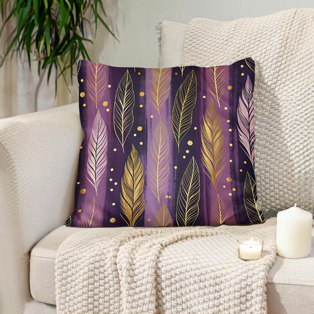 Elegant Purple Gold Feather Boho  Throw Pillow (Elegant purple with gold feather decorator pillow)