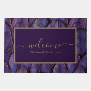 Elegant purple gold feathers family name welcome doormat
