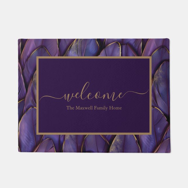 Elegant purple gold feathers name welcome  doormat (Front)