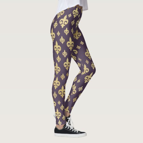 Elegant Purple  Gold Fleur_de_Lis  Mardi Gras Leggings