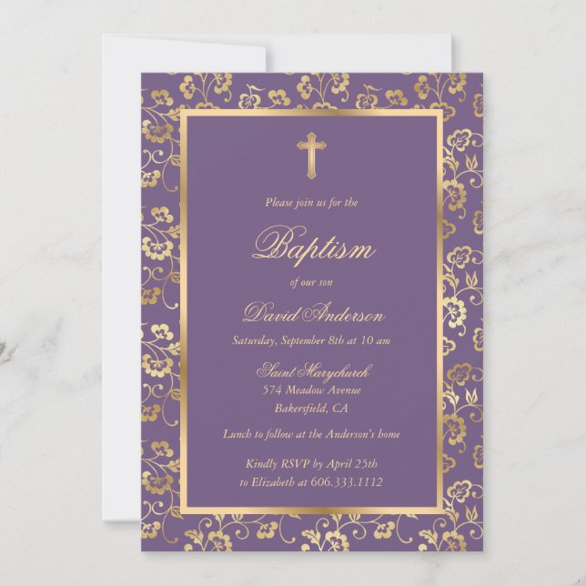 Elegant Purple Gold Floral Boy Baptism Invitation (Front)