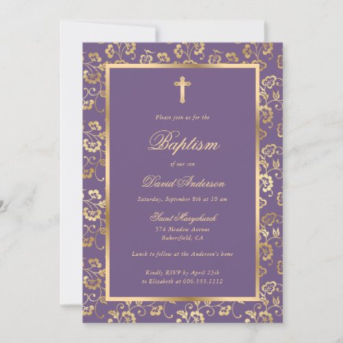 Elegant Purple Gold Floral Boy Baptism Invitation