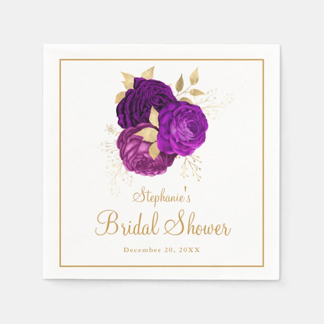 Elegant Purple Gold Floral Bridal Shower Napkins (Front)