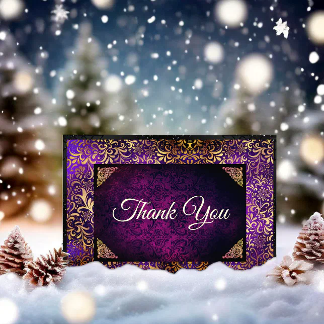 Elegant purple gold floral damask monogram thank you card | Zazzle