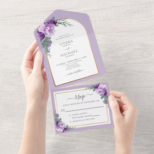 Elegant Purple Gold Floral Foliage Wedding Arch All In One Invitation