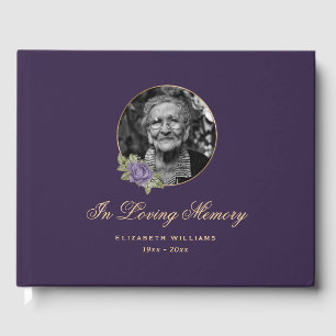 Elegant Purple Gold Floral Funeral Photo Guest Book