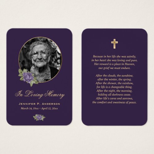 Elegant Purple Gold Floral Funeral Prayer Card