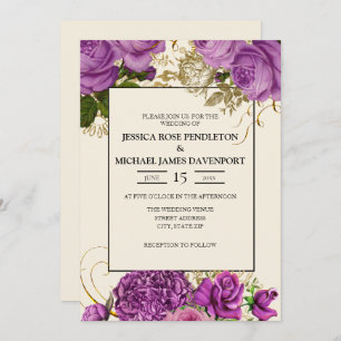 Elegant Purple Gold Floral Ivory Wedding Invite