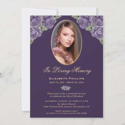 Elegant Purple Gold Floral Photo Memorial Service Invitation