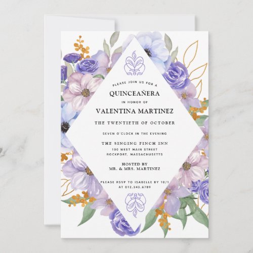 Elegant Purple Gold Floral Quinceanera Invitation
