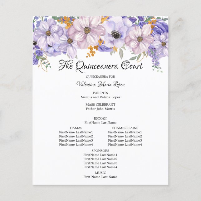 Elegant Purple Gold Floral Quinceanera Program (Front)
