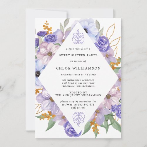 Elegant Purple Gold Floral Sweet Sixteen Party Invitation